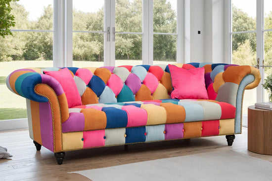 Multicoloured Velvet Patchwork 3 Seater Scroll Arm Chesterfield Sofa AMALFI