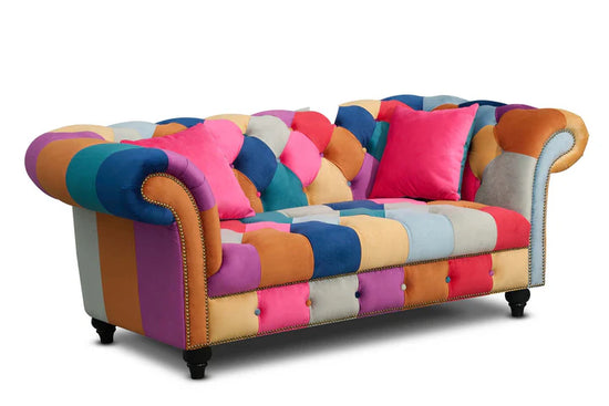 Multicoloured Velvet Patchwork 2 Seater Scroll Arm Chesterfield Sofa AMALFI