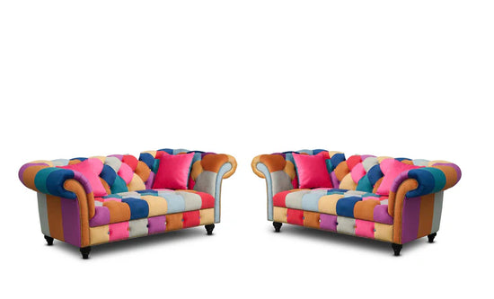 Multicoloured Velvet Patchwork 2 + 2 Seater Scroll Arm Chesterfield Sofa Set AMALFI