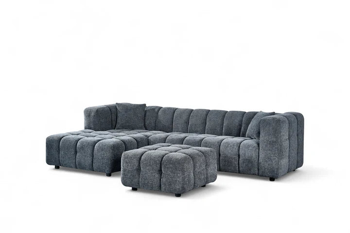 Pale Blue Chenille Fabric Left Hand Facing Corner Sofa with Ottoman TRANQUILLITÀ