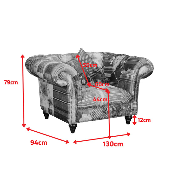 Multicoloured Fabric Patchwork 1 Seater Scroll Arm Chesterfield Sofa AMALFI