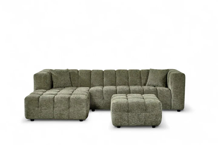 Sage Green Chenille Fabric Left Hand Facing Corner Sofa with Ottoman TRANQUILLITÀ