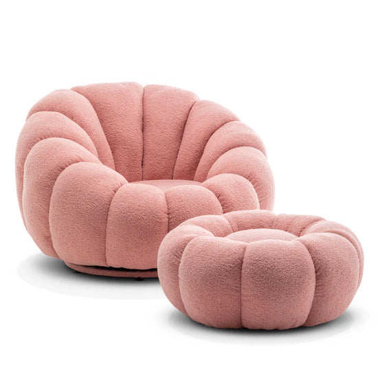 Teddy Boucle Fabric Pink 1 Seater Swivel Sofa with Footstool MIRIELLE