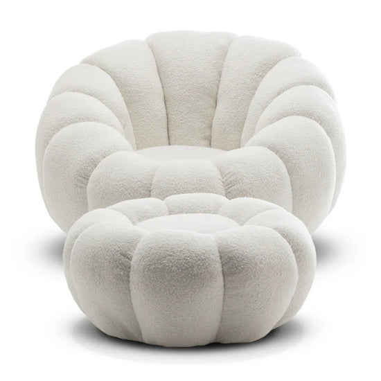 Teddy Boucle Fabric White 1 Seater Swivel Sofa with Footstool MIRIELLE