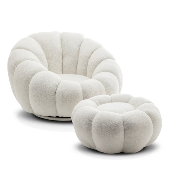 Teddy Boucle Fabric White 1 Seater Swivel Sofa with Footstool MIRIELLE