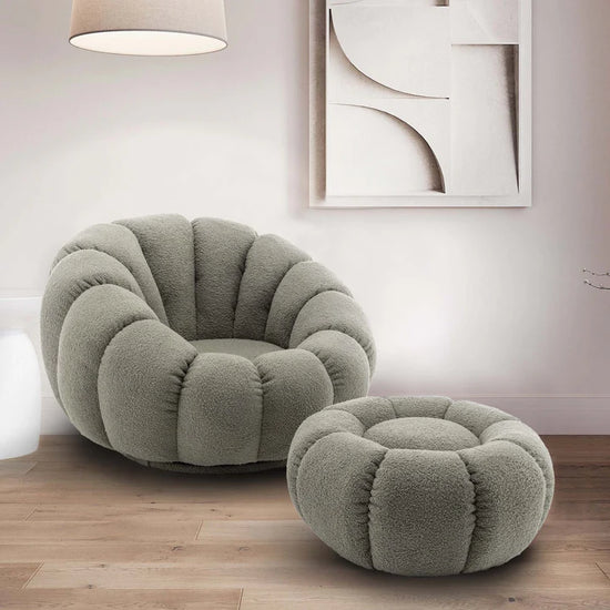 Teddy Boucle Fabric Sage Green 1 Seater Swivel Sofa with Footstool MIRIEILLE