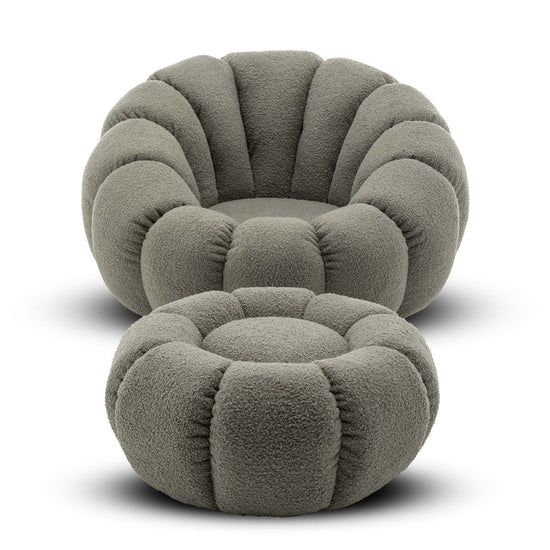 Teddy Boucle Fabric Sage Green 1 Seater Swivel Sofa with Footstool MIRIEILLE