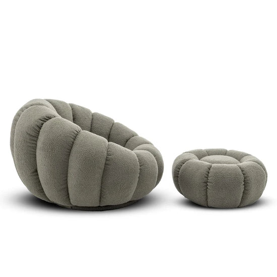 Teddy Boucle Fabric Sage Green 1 Seater Swivel Sofa with Footstool MIRIEILLE