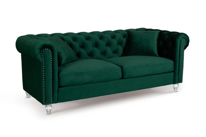 Velvet Bottle Green 3 Seater Chesterfield Sofa With Acrylic Feet MODERNO