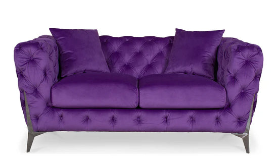 Velvet Fabric Chesterfield Purple 2 Seater Sofa With Silver Feet BOSCO