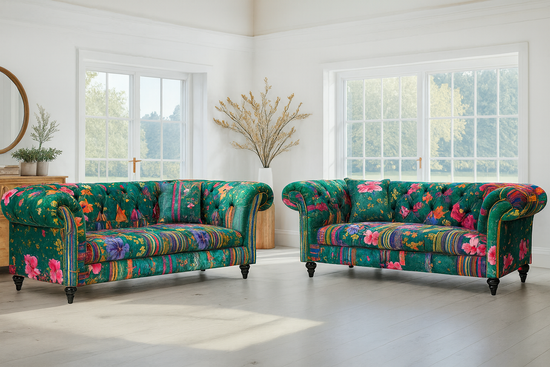 Fabric Green Patchwork 2 + 2 Seater Scroll Arm Chesterfield Sofa Set AMALFI