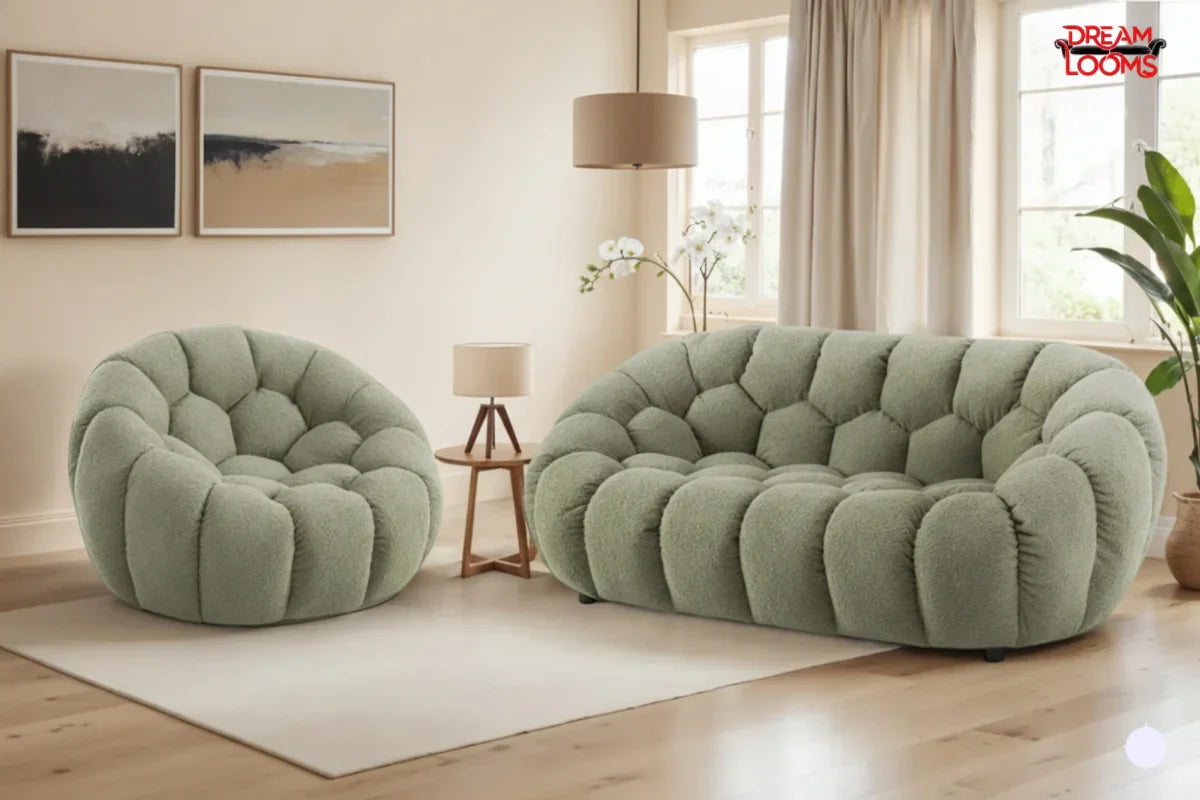 Add Comfort and Style with Teddy Boucle Sage Green Sofa 1+2 Set