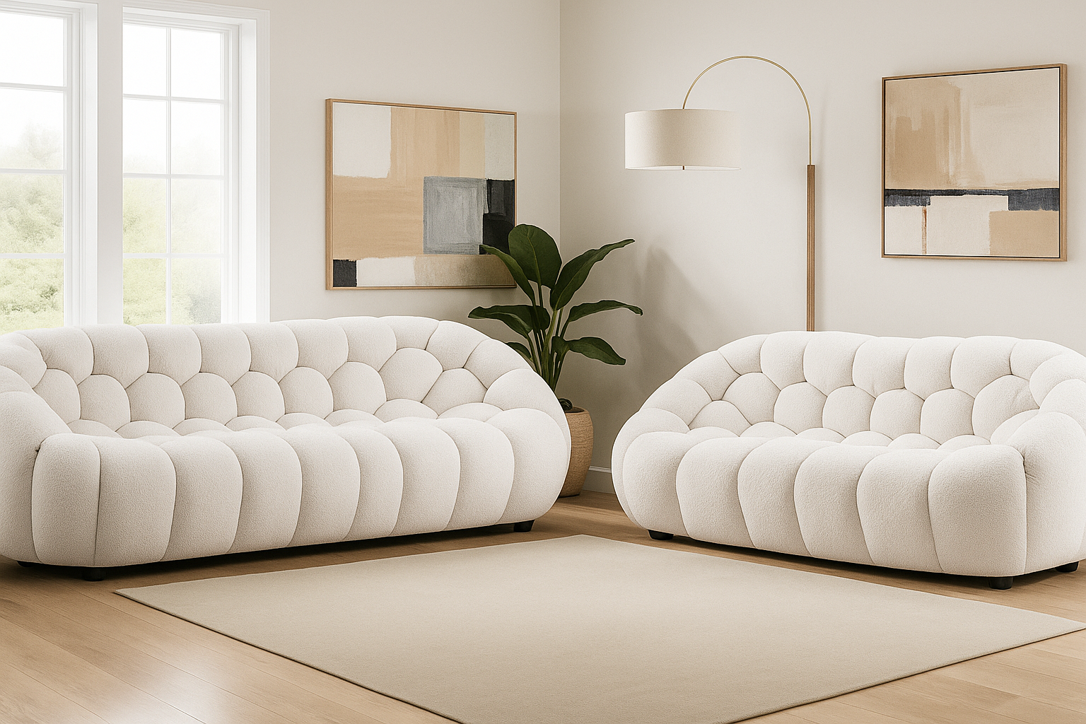 Teddy Boucle Fabric White 3 + 2 Seater Sofa Set DIVANO LETTO