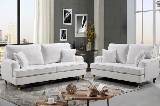 Teddy Boucle Fabric White 3 Seater Bella Sofa with Plain Cushions ASBURY