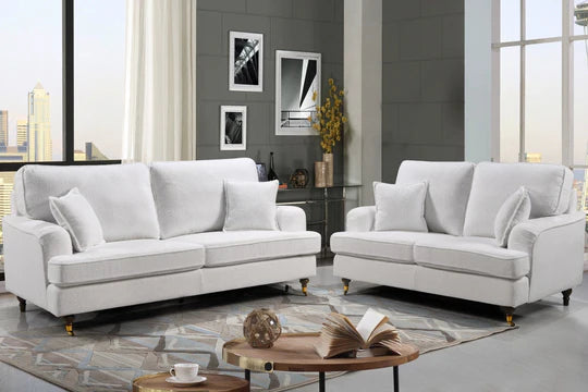Teddy Boucle Fabric White 2 Seater Bella Sofa with Plain Cushions ASBURY