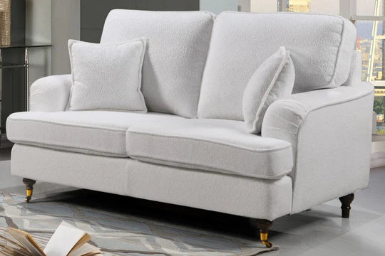 Teddy Boucle Fabric White 2 Seater Bella Sofa with Plain Cushions ASBURY