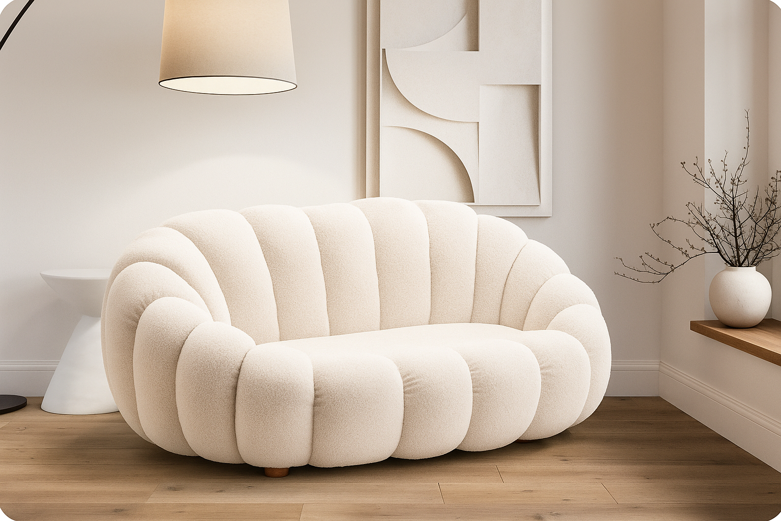 Teddy Boucle Fabric White 2 Seater Sofa DIVANO LETTO