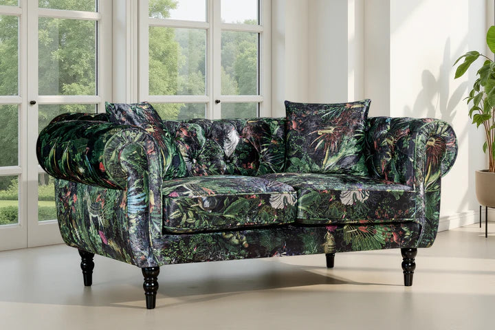 Green Nature Pattern Patchwork 2 Seater Chesterfield Sofa FORZA