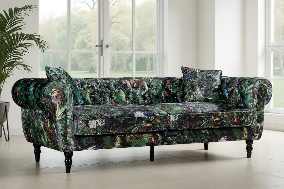 Green Nature Pattern Patchwork 3 Seater Chesterfield Sofa FORZA