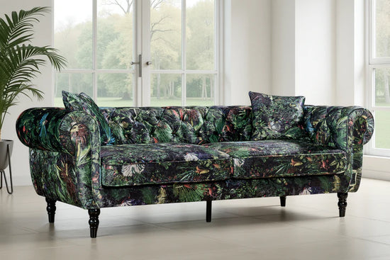 Green Nature Pattern Patchwork 3 Seater Chesterfield Sofa FORZA