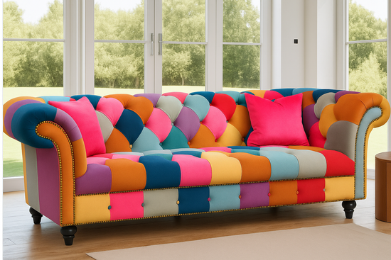 Multicoloured Velvet Patchwork 3 Seater Scroll Arm Chesterfield Sofa AMALFI