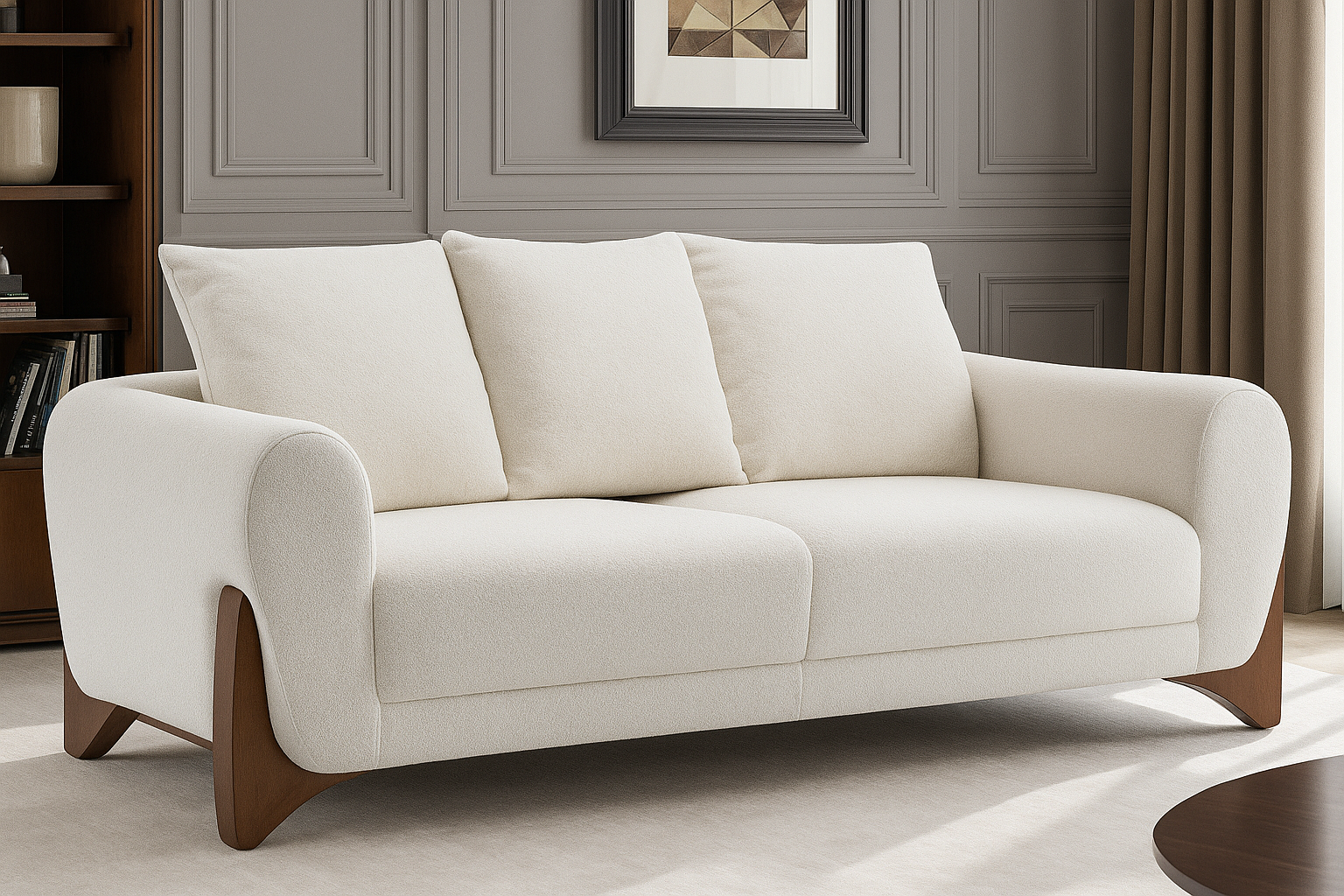 Teddy Boucle Fabric White 3 Seater Sofa BORGO