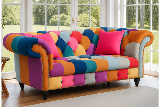 Multicoloured Velvet Patchwork 2 Seater Scroll Arm Chesterfield Sofa AMALFI