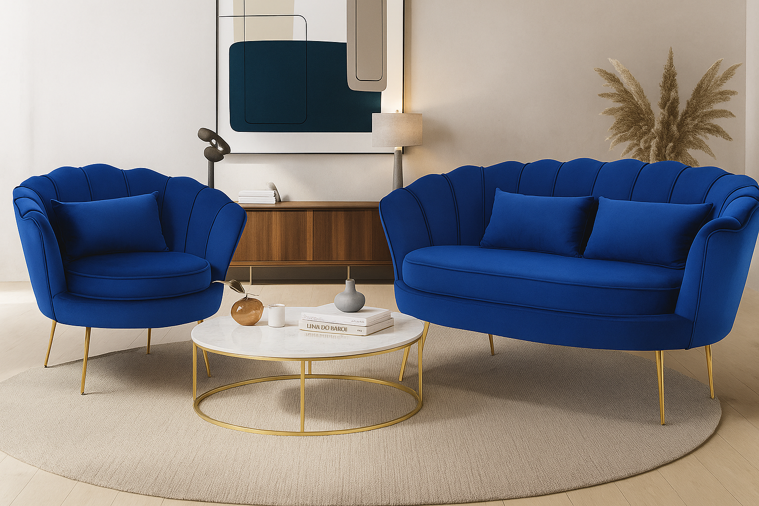 Velvet Blue 2 + 1 Seat Accent Loveseat Sofa Set MARGHERITA