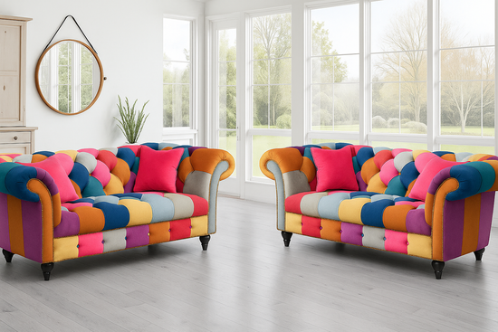 Multicoloured Velvet Patchwork 2 + 2 Seater Scroll Arm Chesterfield Sofa Set AMALFI