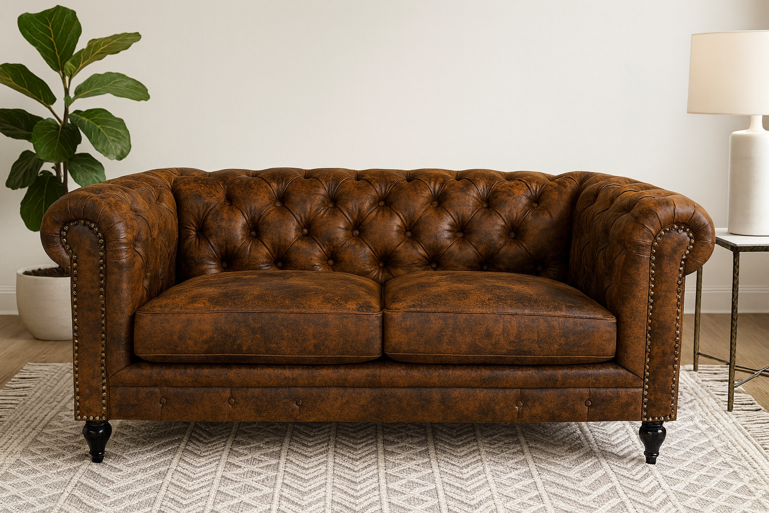 Faux Leather Suede Brown 2 Seater Chesterfield Sofa With Wooden Feet MODERNO