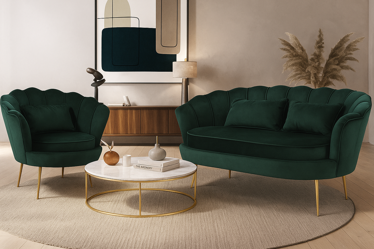 Velvet Bottle Green 2 + 1 Seat Accent Loveseat Sofa Set MARGHERITA