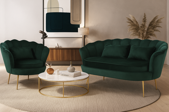 Velvet Bottle Green 2 + 1 Seat Accent Loveseat Sofa Set MARGHERITA