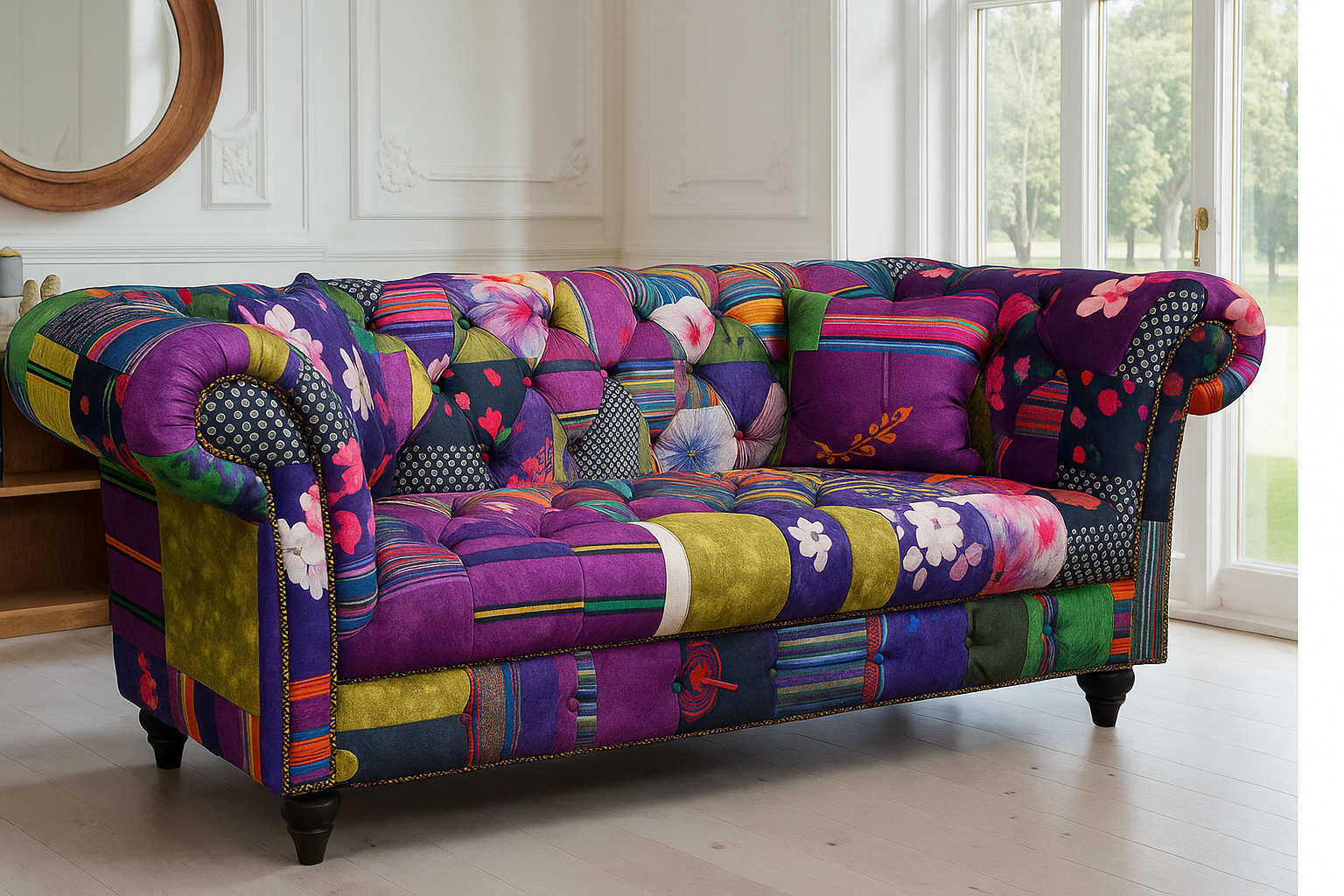 Multicoloured Fabric Patchwork 2 Seater Scroll Arm Chesterfield Sofa AMALFI