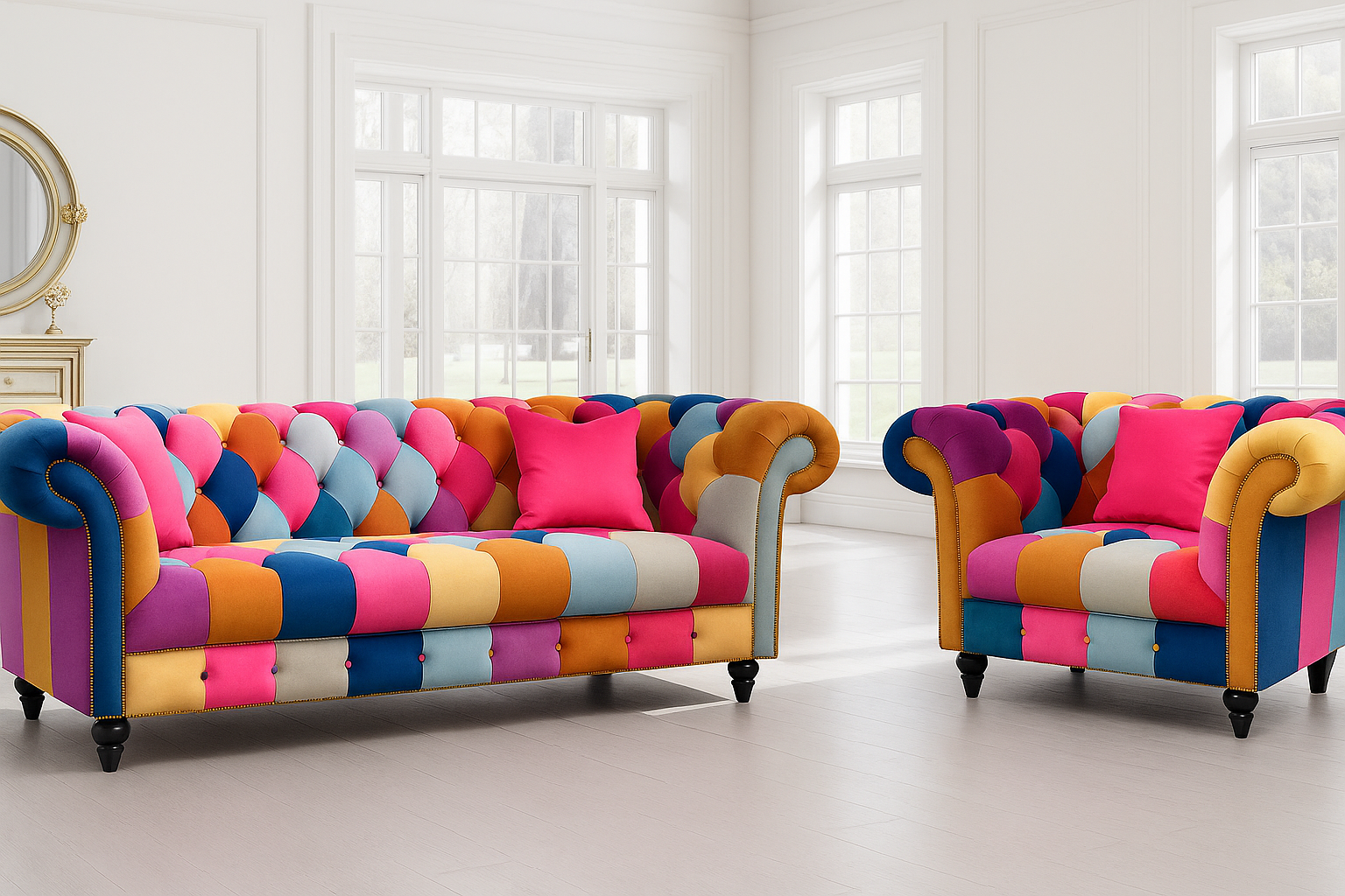 Multicoloured Velvet Patchwork 3 + 1 Seater Scroll Arm Chesterfield Sofa Set CAPRI