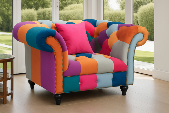 Multicoloured Velvet Patchwork 1 Seater Scroll Arm Chesterfield Sofa AMALFI