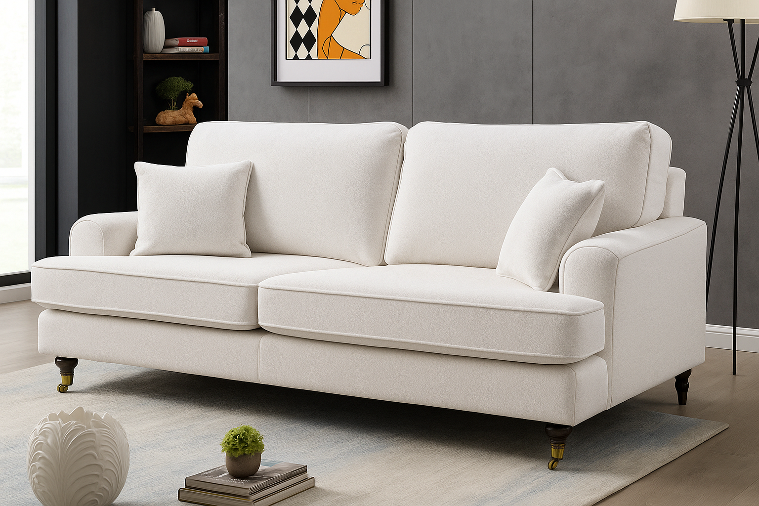 Teddy Boucle Fabric White 3 Seater Bella Sofa with Plain Cushions ASBURY
