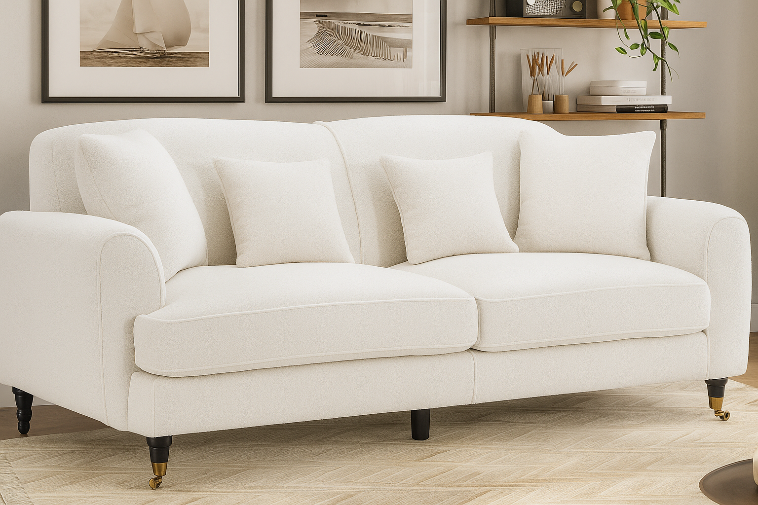 Teddy Boucle Fabric White 3 Seater Sofa STILE
