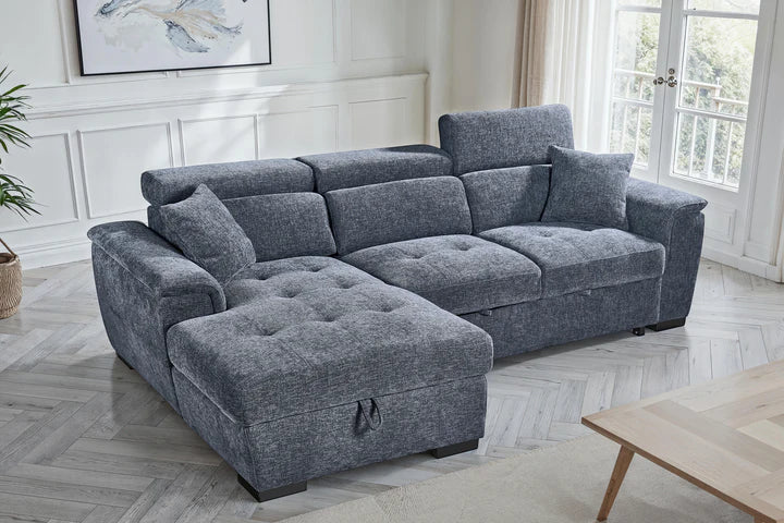 Pale Blue Chenille Fabric 1C2 Corner Sofabed with Storage DISCENDENTE DI WILL