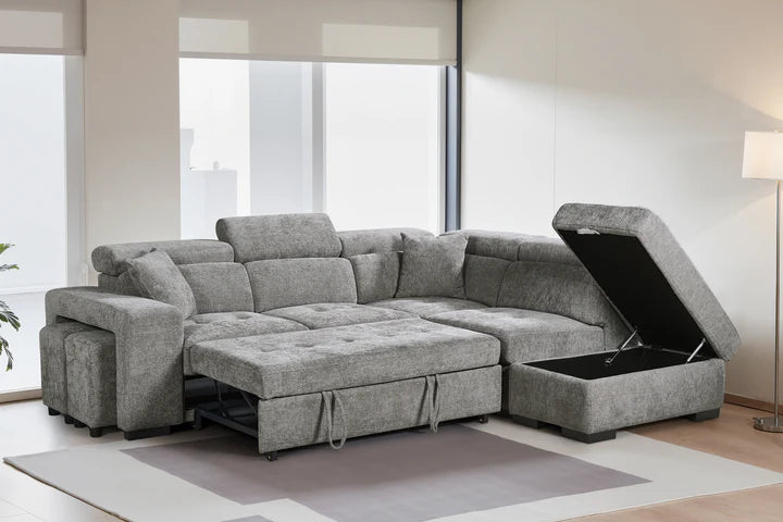 Grey Chenille Fabric 2C1 Corner Sofabed with Storage and Ottomans LAVORO