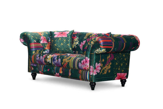 Fabric Green Patchwork 2 + 2 Seater Scroll Arm Chesterfield Sofa Set AMALFI