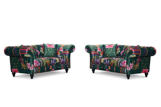 Fabric Green Patchwork 2 + 2 Seater Scroll Arm Chesterfield Sofa Set AMALFI