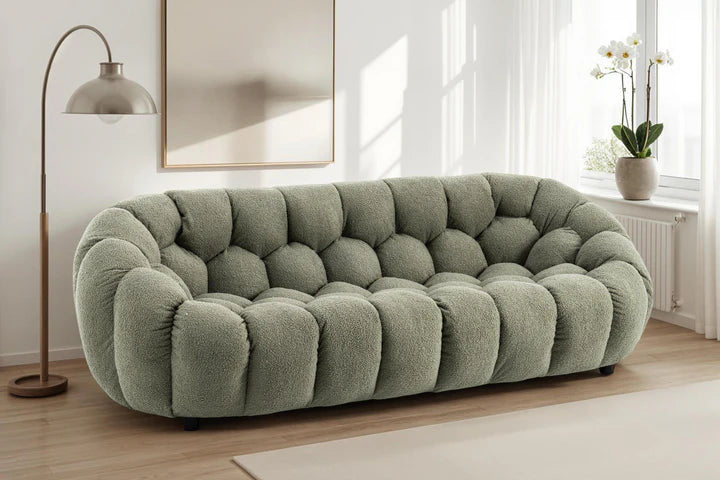 Teddy Boucle Fabric Sage Green 3 Seater Sofa DIVANO LETTO