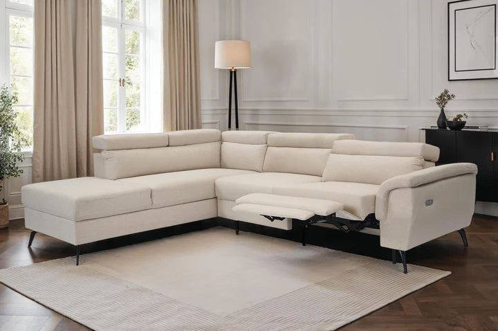 Fabric Linen Beige Left Hand Facing Reclining Corner Sofa with Storage TRIONFO
