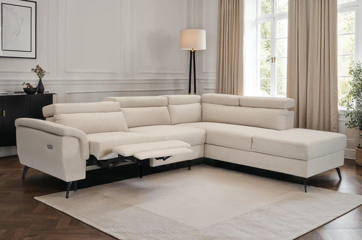 Fabric Linen Beige Right Hand Facing Reclining Corner Sofa with Storage TRIONFO