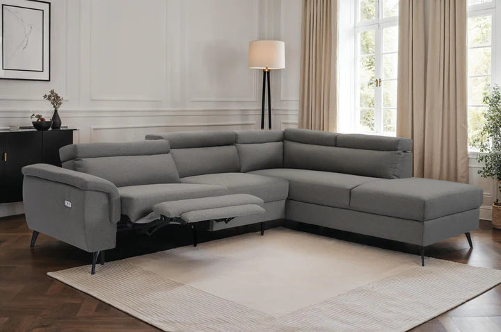 Fabric Linen Dark Grey Right Hand Facing Reclining Corner Sofa with Storage TRIONFO