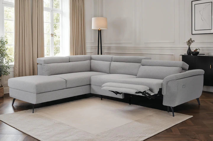 Fabric Linen Light Grey Left Hand Facing Reclining Corner Sofa with Storage TRIONFO