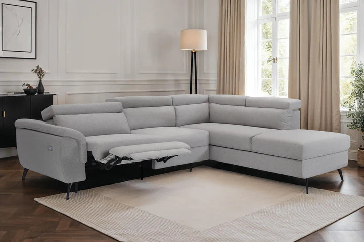Fabric Linen Light Grey Right Hand Facing Reclining Corner Sofa with Storage TRIONFO