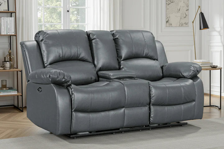 Faux Leather Grey 2 Seater Electric Recliner Sofa with Cup Holders and Console SETTEE