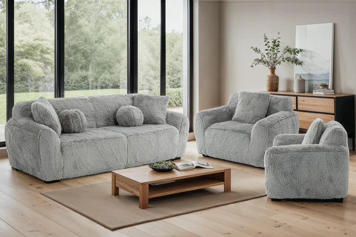 Faux Fur Grey 3 + 1 + 1 Seater Sofa Set CARAMELLO GOMMOSA