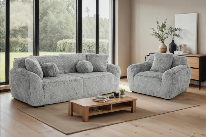 Faux Fur Grey 3 + 1 Seater Sofa Set CARAMELLO GOMMOSA